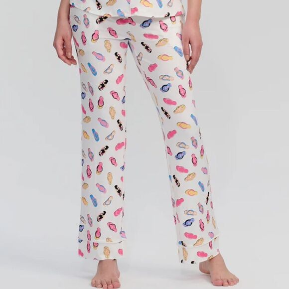 89th+MADISON L White Colorful Flip Flops Notch Collar Short Sleeve Pants PJ Set - Picture 4 of 14